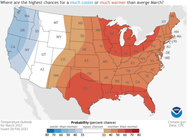 March 2021 outlook: A warm start to meteorological spring for the central  and eastern United States