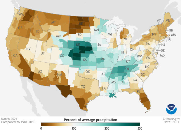 Map of U.S. precipitation in April 2021 compared to average