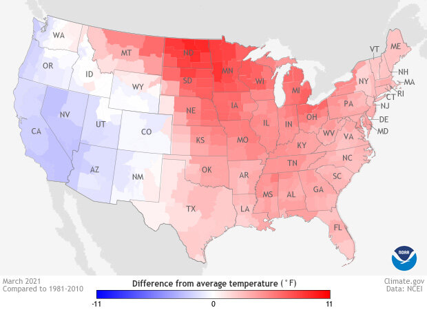 Map of temperatures across the U.S. in April 2021 compared to the 1981-2010 average