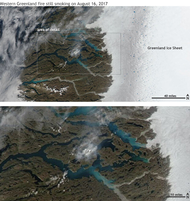 NASA Aqua satellite image on August 16, 2017 showing an unusually large fire in Western Greenland.