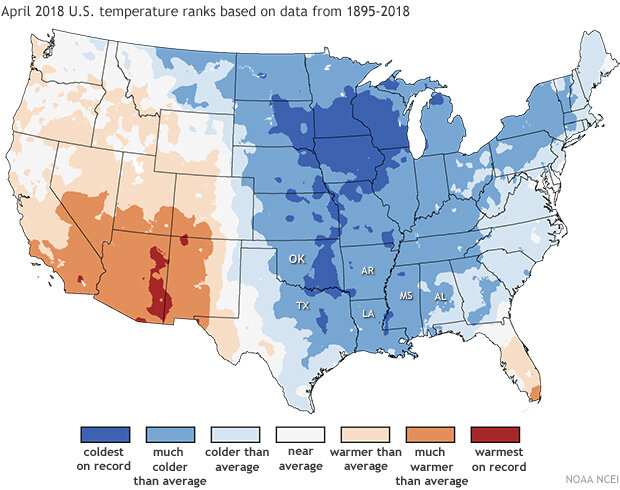 CONUS map of U.S. temperature percentiles April 2018