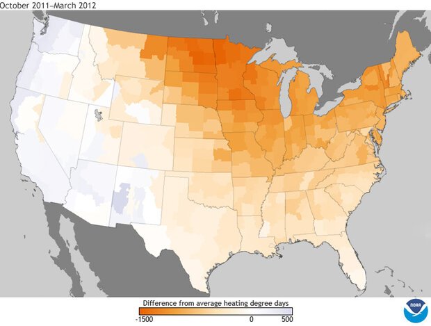 Map of winter heating demand in the U.S compared to the 1981 to 2010 average.