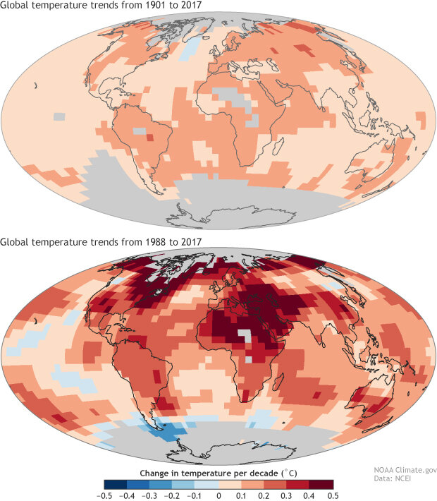 Temperature change by decade maps