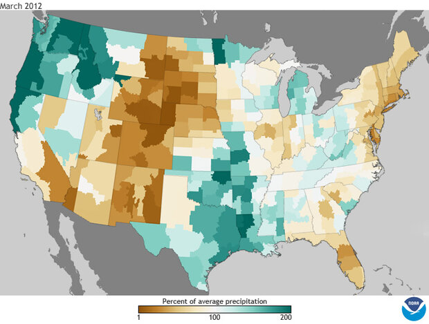 Map of US showing where precipitation was above and below average in March compared to the 1981 to 2010 baseline.