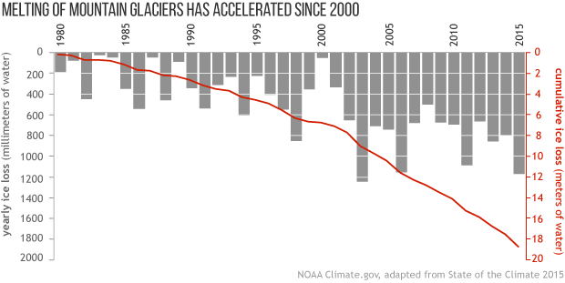 Graph of mass loss from 41 glaciers that have a 30-year or more history of observations