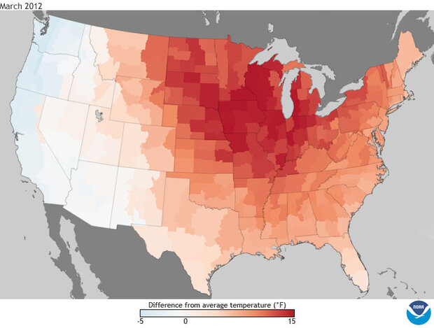 Map of US showing areas that were warmer or cooler than the 1981 to 2010 average. 