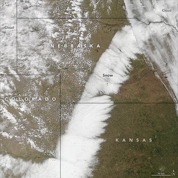 Satellite image of U.S. Southern and Central Plains on May 1, 2017 of large snow swath left behind by strong spring storm