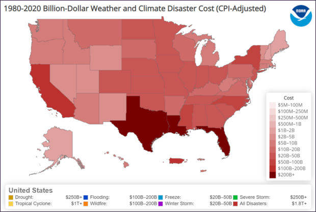 Map of US showing total costs of billion-dollar disasters per state since 1980