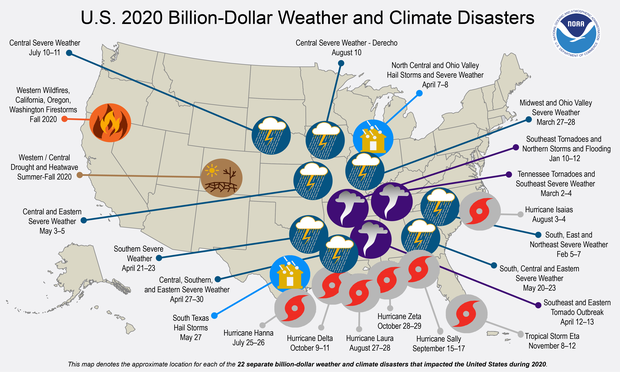 Map of U.S> showing location and type of billio-dollar disasters in 2020