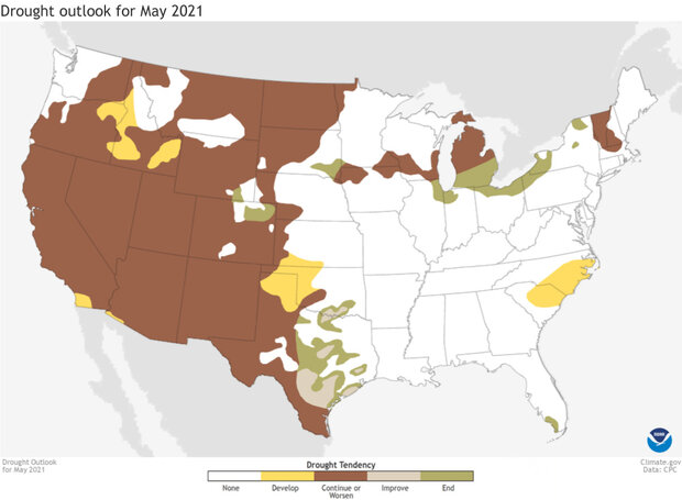 Map of US drought outlook for May 2021