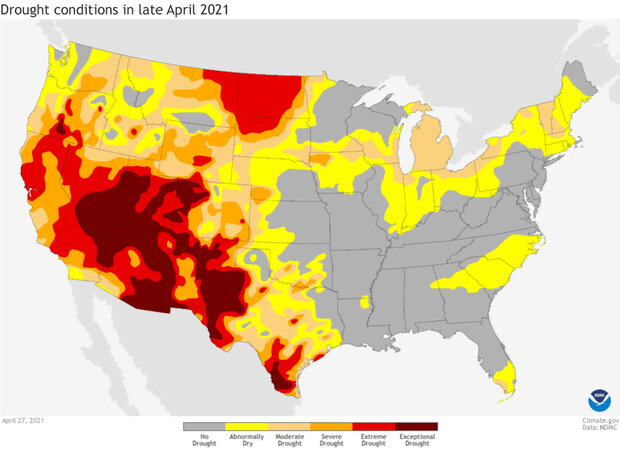 Map of US drought conditions as of April 27, 2021