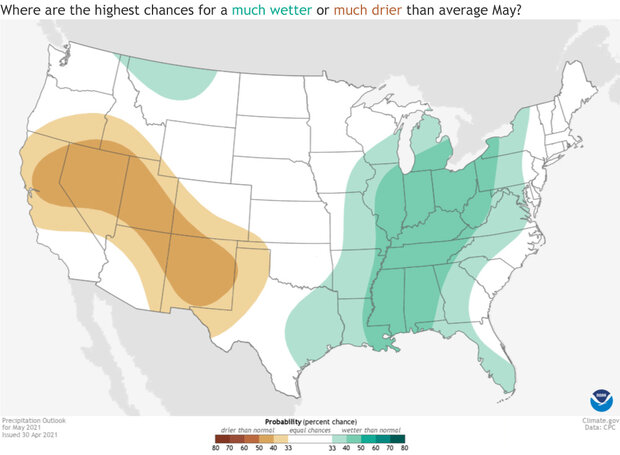 US map of precipitation outlook for May 2021
