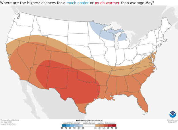Map of U.S. temperature outlook for May 2021