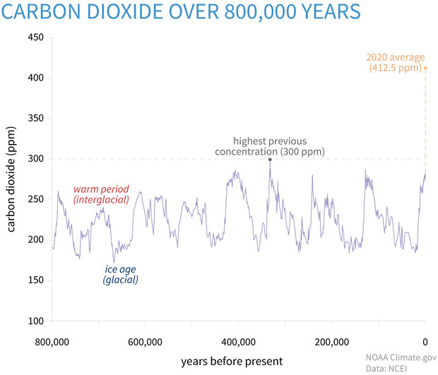 Line graph showing carbon dioxide over past million years compared to 2020 amounts
