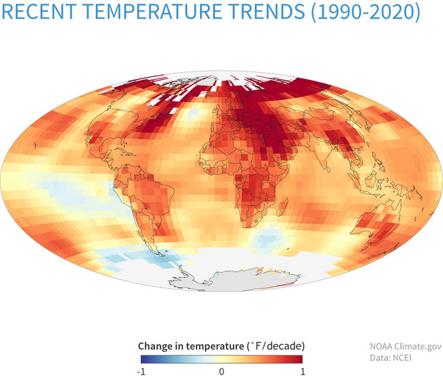 خريطة اتجاهات درجات الحرارة العالمية من 1990 إلى 2020
