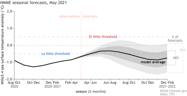 A model plume graph showing the spread of model forecasts for temperatures in the tropical Pacific 
