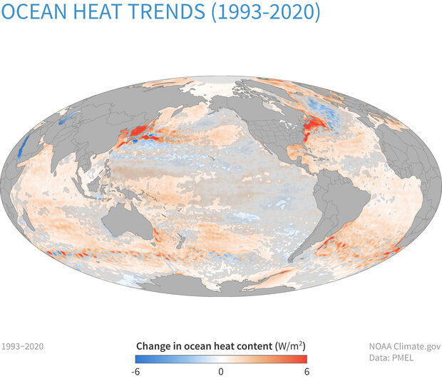 Map of ocean heat trends from 1993-2020