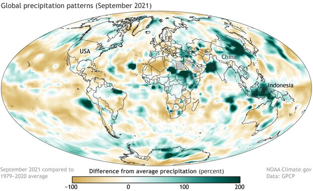 Global map of percent difference from average precipitation in September 2021