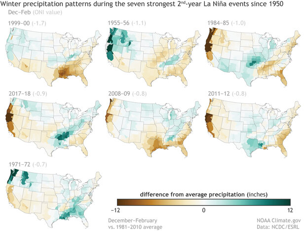 Seven small US maps showing precipitation patterns during second consecutive winters with La Niña