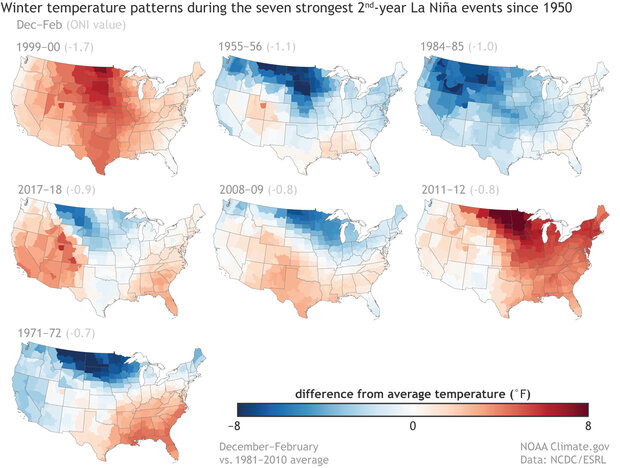 Seven small US maps showing temperature patterns during second consecutive winters with La Niña