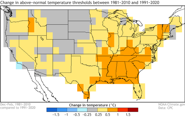 Map of US showing how the warmest third of winter temperatures has increased in the new climatology