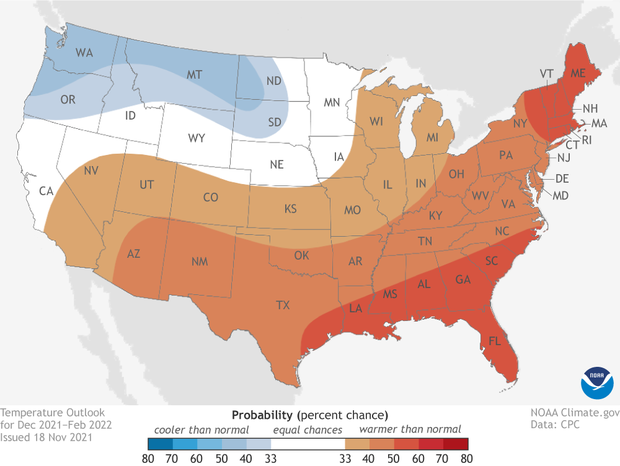 Map of US winter temperature forecast for 2021-22 