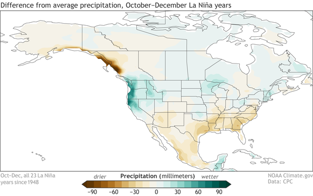 Map of October-December precipitation patterns across the United States during all historical La Nina episodes