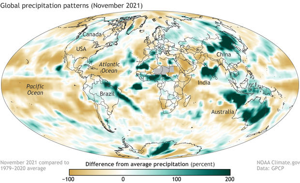 Map of percent difference from average precipitation across the globe in November 2021
