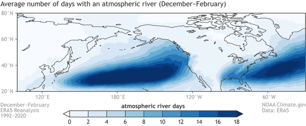 Map of the average frequency ond location of atmospheric rivers over the Pacific off the U.S. West Coast