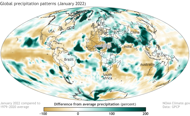 Global map of percent difference from average precipitation in January 2022