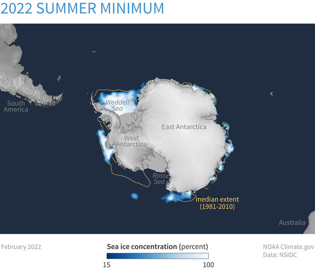 Map of southern hemisphere sea ice extent in February 2022, the annual summer minimum