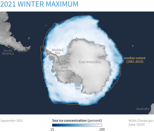 Map of Southern Hemisphere showing average sea ice extent in September 2021, the winter maximum