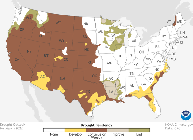 March 2022 drought outlook. Brown areas across the West indicate that drought will remain. Yellow areas in the Southwest and Florida indicate that drought will get worsen or develop. Green areas around Great Lakes show where drought will improve or end.
