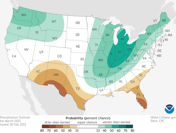 March 2022 precipitation outlook. Blue areas around the Great Lakes indicate a wetter-than-average month is favored while brown areas along the southern tier of the US indicate a drier-than-average month is favored.