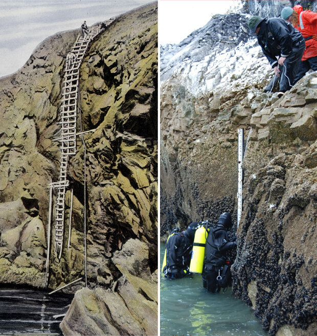 Dangerous ladder and scuba divers checking a cliffside tide staff