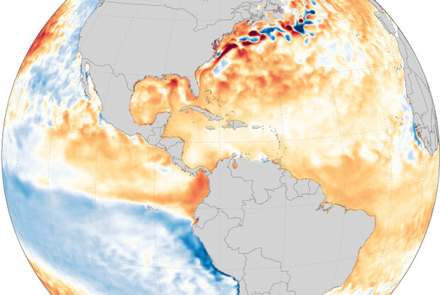 Map showing warmer-than-average ocean temperatures across the Atlantic hurricane basin in April 2022