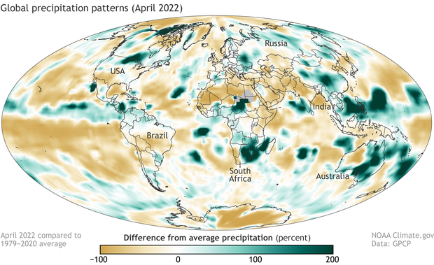 Global map of percent of normal precipitation in April 2022