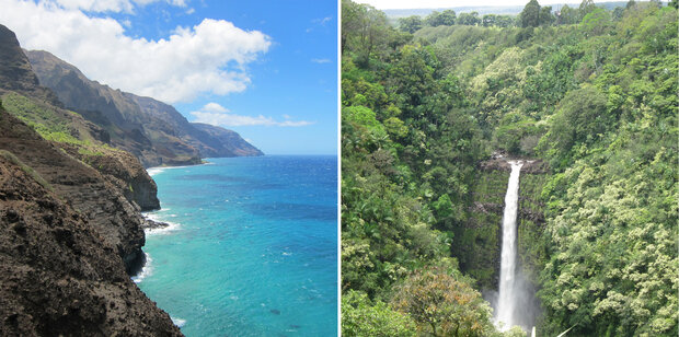 A steep cliff with little plant cover ends in the blue waters off Hawaii; a waterfall mestled in a tropical rainforest