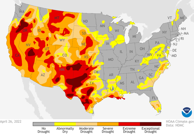 Drought Monitor released on April 26, 2022. Areas in yellow, orange and red across the West indicate increasing severity of drought.