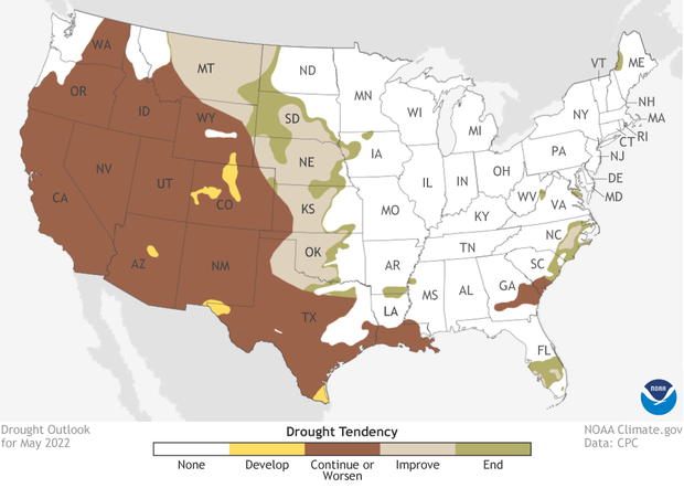 May 2022 Drought outlook. Brown across West indicates areas where drought will persist or worsen. Greens over Plains indicates where drought will improve or end. Yellow over local areas in West indicate where drought will develop.