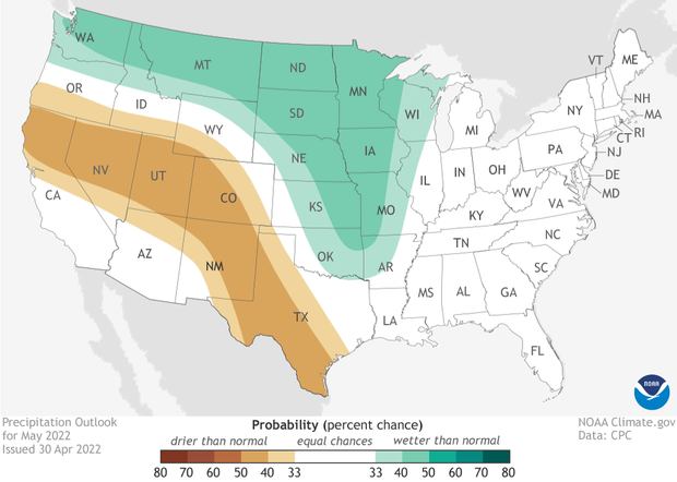 May 2022 precipitation outlook. Greens over northern US indicates a tilt towards a wetter than average month. Browns over parts of the southwest and West indicate odds favor a drier than average month