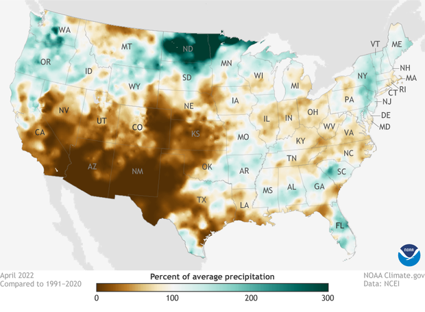 Map of contiguous United States showing percent of average precipitation for April 2022