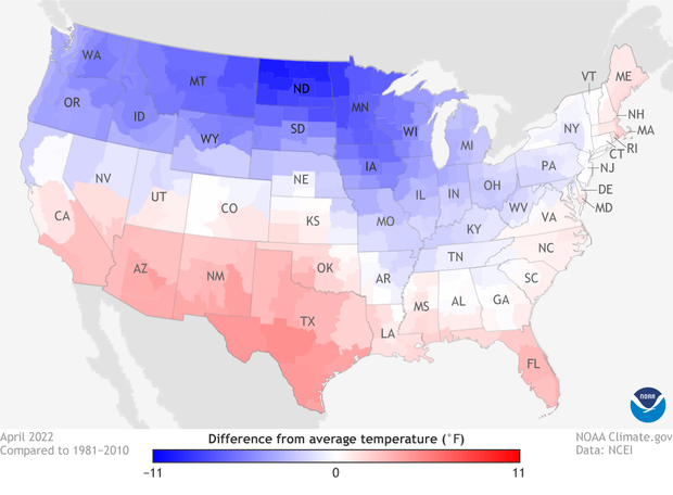 Map of contiguous United States showing difference from average temperature for April 2022