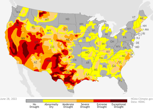 Contiguous US Drought monitor from June 28, 2022. Yellow, orange and reds across the West and central US indicate differing levels of drought. 