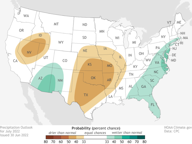 Contiguous US July precipitation outlook. Browns over the central/southern Plains and Great Basin indicate a drier than average month is favored. Blue/Greens over the Southwest and East Coast indicate a wetter than average month is favored.