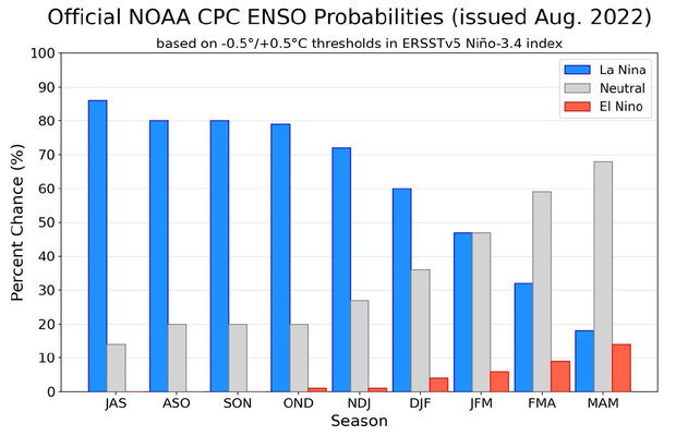 Bar graph showing high probability of La Niña in coming months