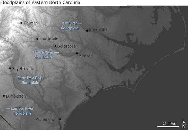Shaded relief map of eastern North Carolina with floodplains