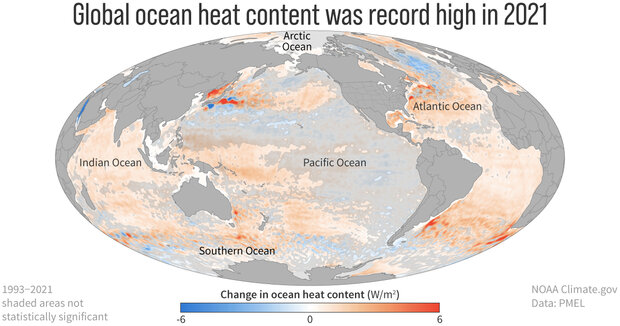 GLobal map showing where the ocean has gained or lost heat over the period 1993-2021