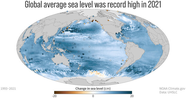 Global map showing changes in sea level between 1993 and 2021