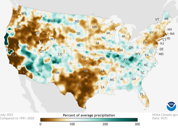 Map of percent of normal (1991-2020) precipitation across the United States for July 2022